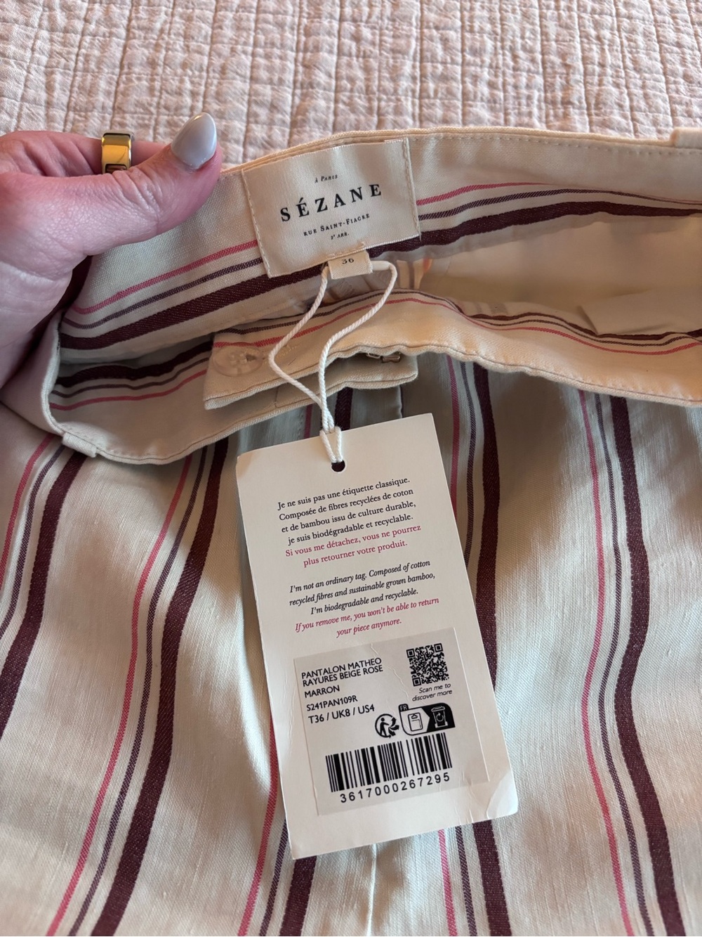 NWT Sézane Matheo Trousers in Stripes Beige Pink Brown Size 4/36 - Picture 6 of 7